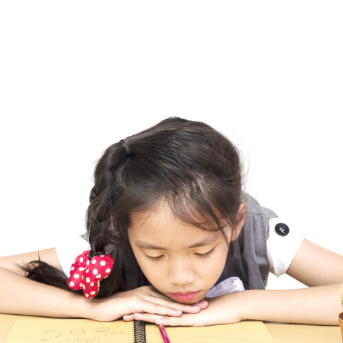 A girl is unhappy doing homework